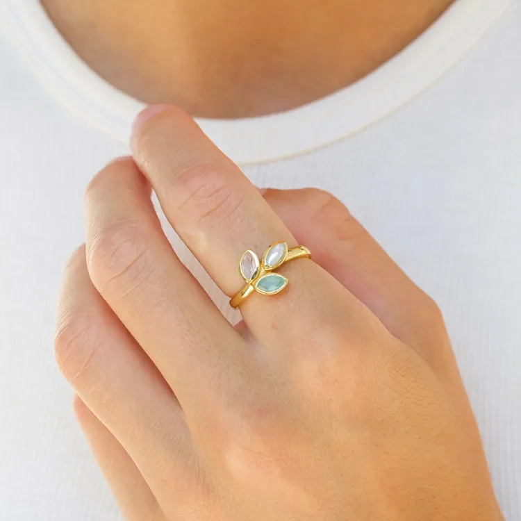 blad krystal ring i forgyldt sølv - Loom Stones