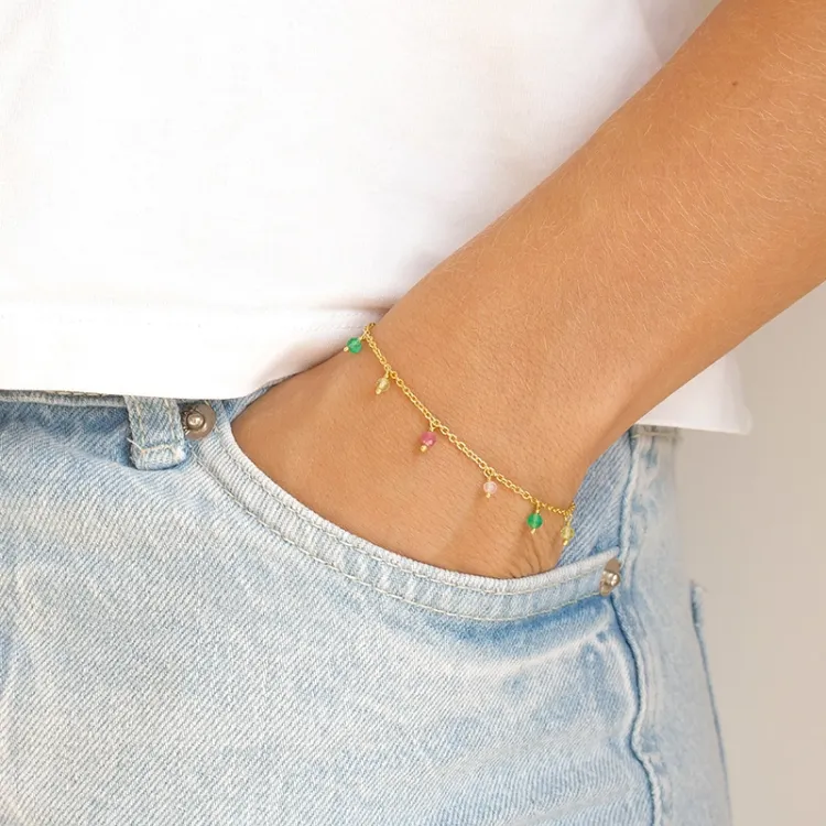 grøn armbånd i forgyldt sølv 16 + 3 cm x 3,3 mm  - Loom Stones