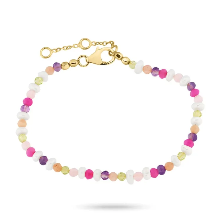 pink armbånd i forgyldt sølv  x 4,5 mm  - Loom Stones
