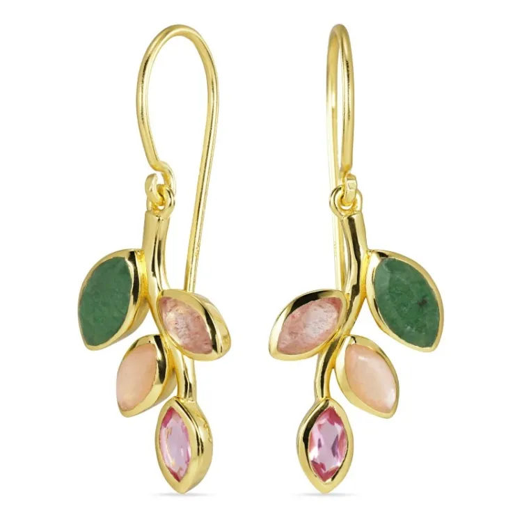 blad pink krystal øreringe i forgyldt sølv - Loom Stones