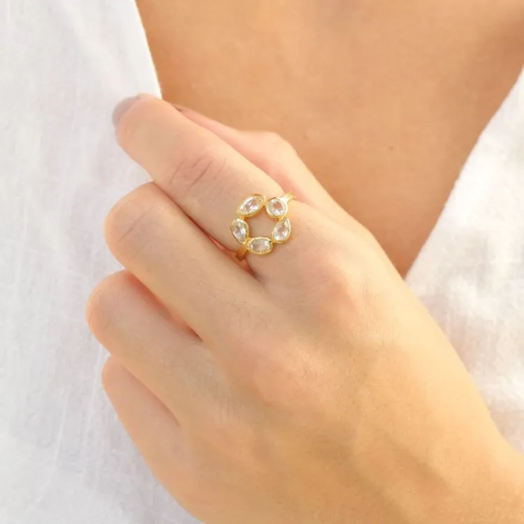 klar quartz ring i forgyldt messing - Loom Stones