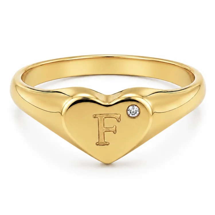 bogstav F zirkon ring i forgyldt messing