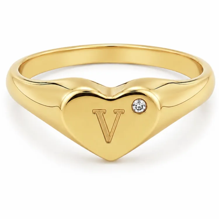 bogstav V zirkon ring i forgyldt messing