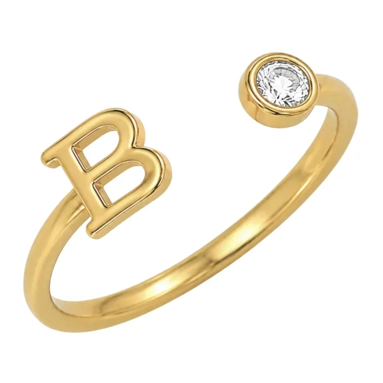 bogstav B zirkon ring i forgyldt messing