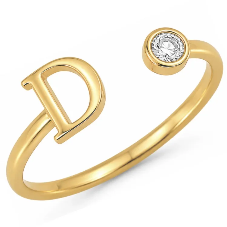 bogstav D zirkon ring i forgyldt messing