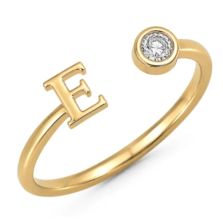 bogstav E zirkon ring i forgyldt messing - My Letter