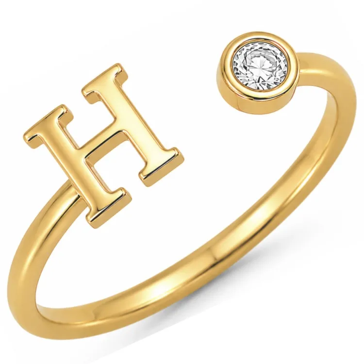 bogstav H zirkon ring i forgyldt messing