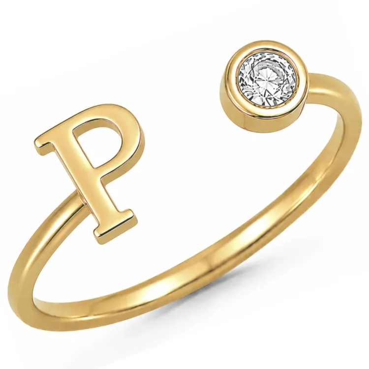 bogstav P zirkon ring i forgyldt messing
