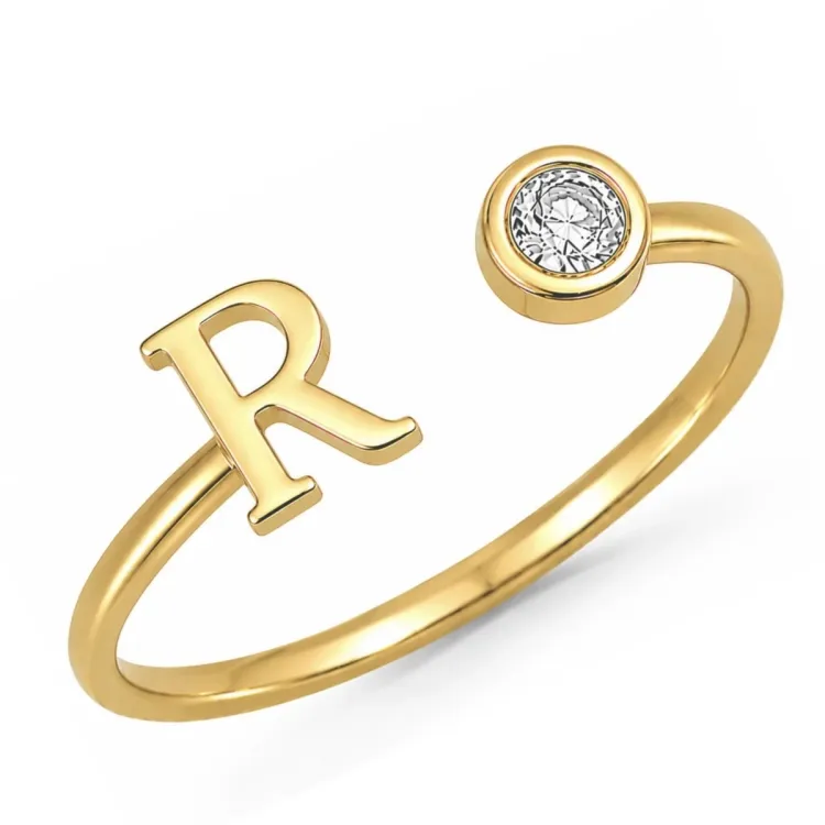 bogstav R zirkon ring i forgyldt messing