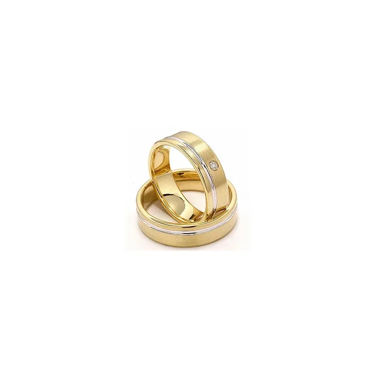 Mat og blank tofarvet vielsesringe i 14 karat guld 0,025 ct - sæt