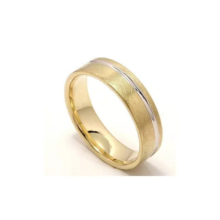 Ru og blank bred vielsesring i 14 karat guld.- og hvidguld