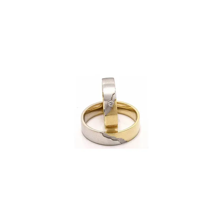 Matte tofarvet vielsesringe i 14 karat guld.- og hvidguld 0,035 ct - sæt