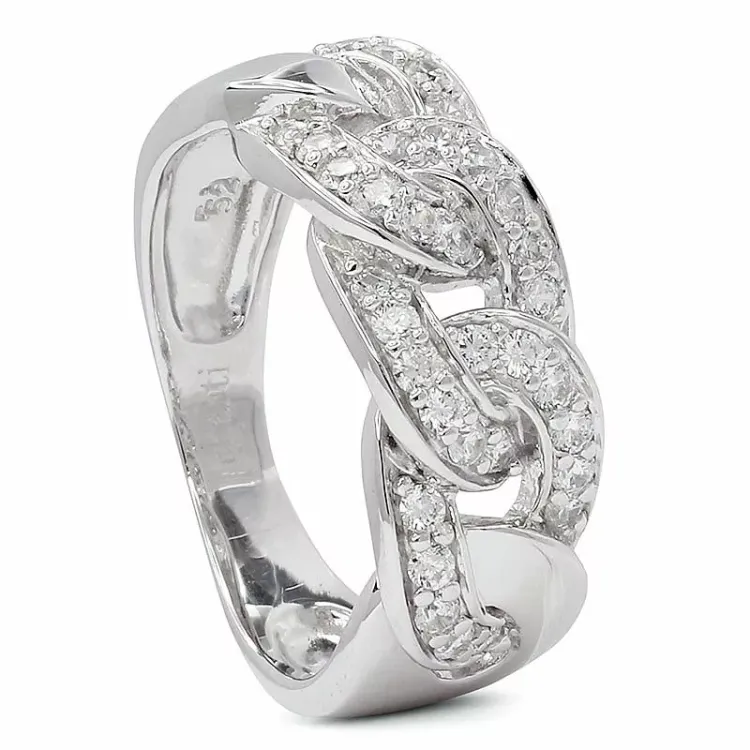Bred abstrakt zirkon ring i rhodineret sølv