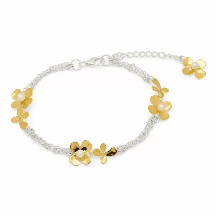Blomster perle armbånd i sølv med vedhæng i forgyldt sølv