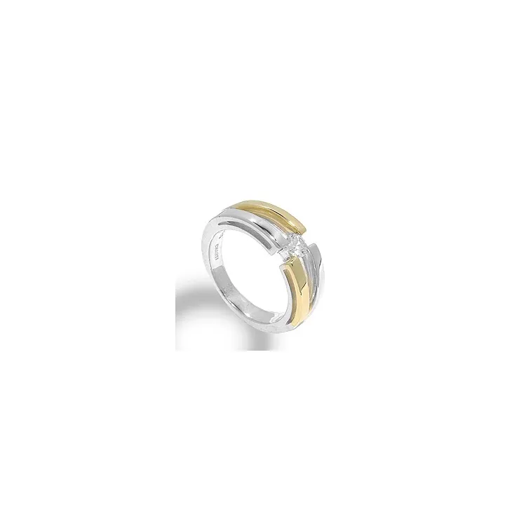 Bred hvid zirkon ring i sølv med 8 karat guld