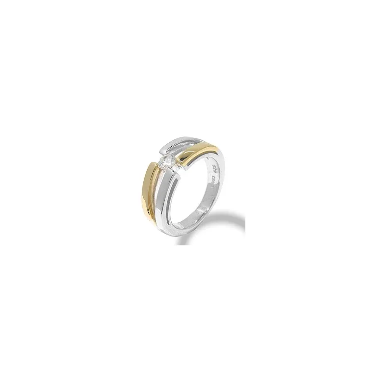 Bred hvid zirkon ring i sølv med 8 karat guld