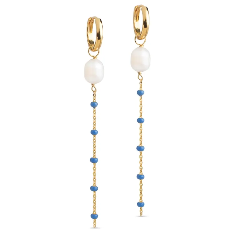 Enamel Lola Glory Cornflower kæde øreringe i forgyldt sølv blå emalje