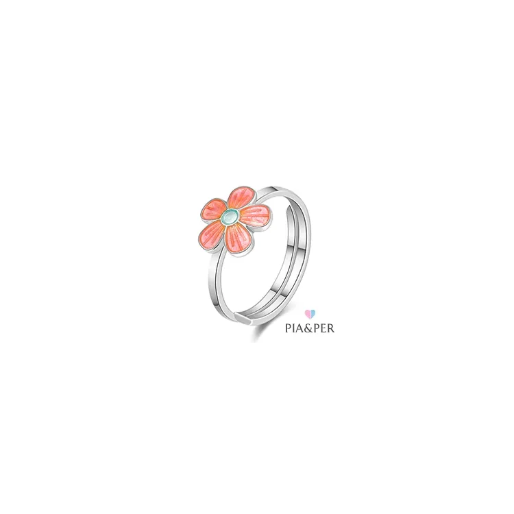 Pia og Per blomst ring i sølv pink emalje hvid emalje