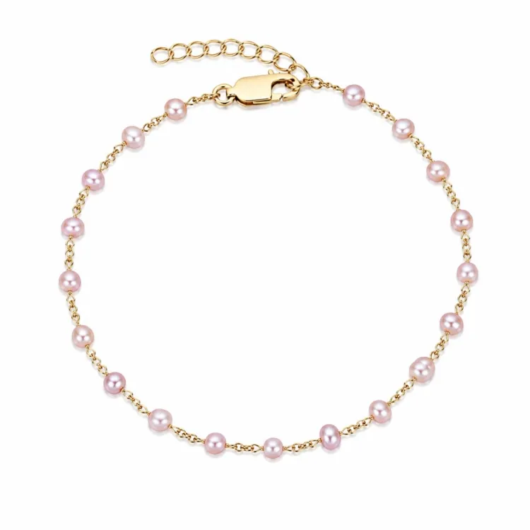 lyserød perle armbånd i forgyldt sølv 17 plus 3 cm x 4-5 mm