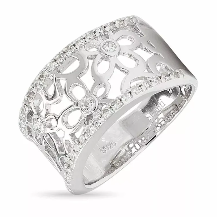 Kollektionsprøve blomster zirkon ring i rhodineret sølv