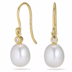 Ovale 8 - 9 mm aaa-graded ferskvandsperle øreringe i 14 karat guld med diamanter 