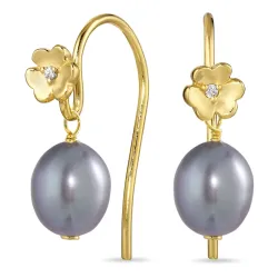 blomster grå perle øreringe i forgyldt sølv