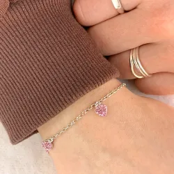børne Nordahl Andersen hjerte armbånd i rhodineret sølv lyserød zirkon