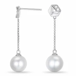 lange perle brillantøreringe i 14 karat hvidguld med diamant 