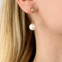 lange perle brillantøreringe i 14 karat guld med diamant 