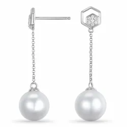 lange perle brillantøreringe i 14 karat hvidguld med diamant 