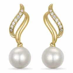 lange perle brillantøreringe i 14 karat guld med diamant