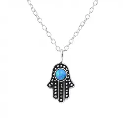 Hamsas hånd blå opal vedhæng med halskæde i sølv