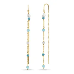 lange blå perle øreringe i forgyldt sølv