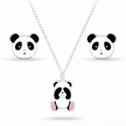 panda sæt med øreringe og halskæde i sølv hvid emalje sort emalje pink emalje