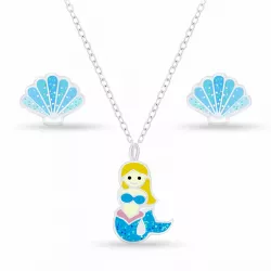 havfrue sæt med øreringe og halskæde i sølv blå emalje hvid emalje sort emalje gul emalje pink emalje