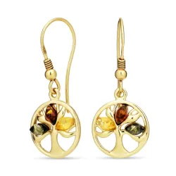 livets træ multifarvede rav øreringe i forgyldt sølv