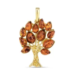 livets træ rav vedhæng i forgyldt sølv