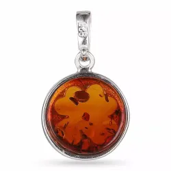 Rundt firkløver rav vedhæng i sølv