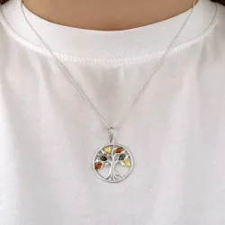 livets træ multifarvet rav vedhæng i sølv