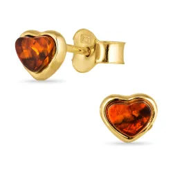 hjerte rav ørestikker i forgyldt sølv