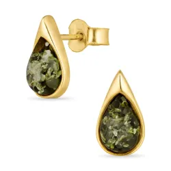 dråbe grønne rav ørestikker i forgyldt sølv