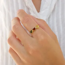 hjerte multifarvet rav ring i forgyldt sølv