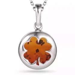 firkløver rav halskæde i sølv med vedhæng i sølv