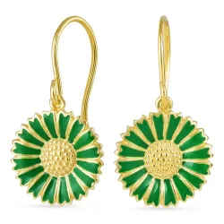 14,5 mm marguerit mørkegrønne øreringe i forgyldt sølv - Marie