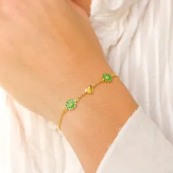 hjerte marguerit mørk grøn armbånd i forgyldt sølv - Maggie