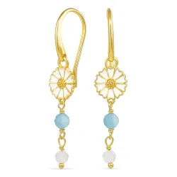 lange marguerit blå kæde øreringe i forgyldt sølv