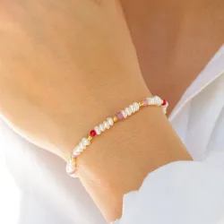 pink sten armbånd i forgyldt sølv  x   - Loom Stones