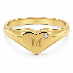bogstav M zirkon ring i forgyldt messing