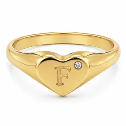 bogstav F zirkon ring i forgyldt messing