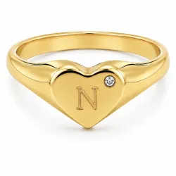 bogstav N zirkon ring i forgyldt messing